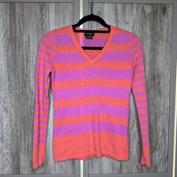 Lord & Taylor Cashmere Sweater V Neckline Striped Purple and Orange Size S - Picture 1 of 6